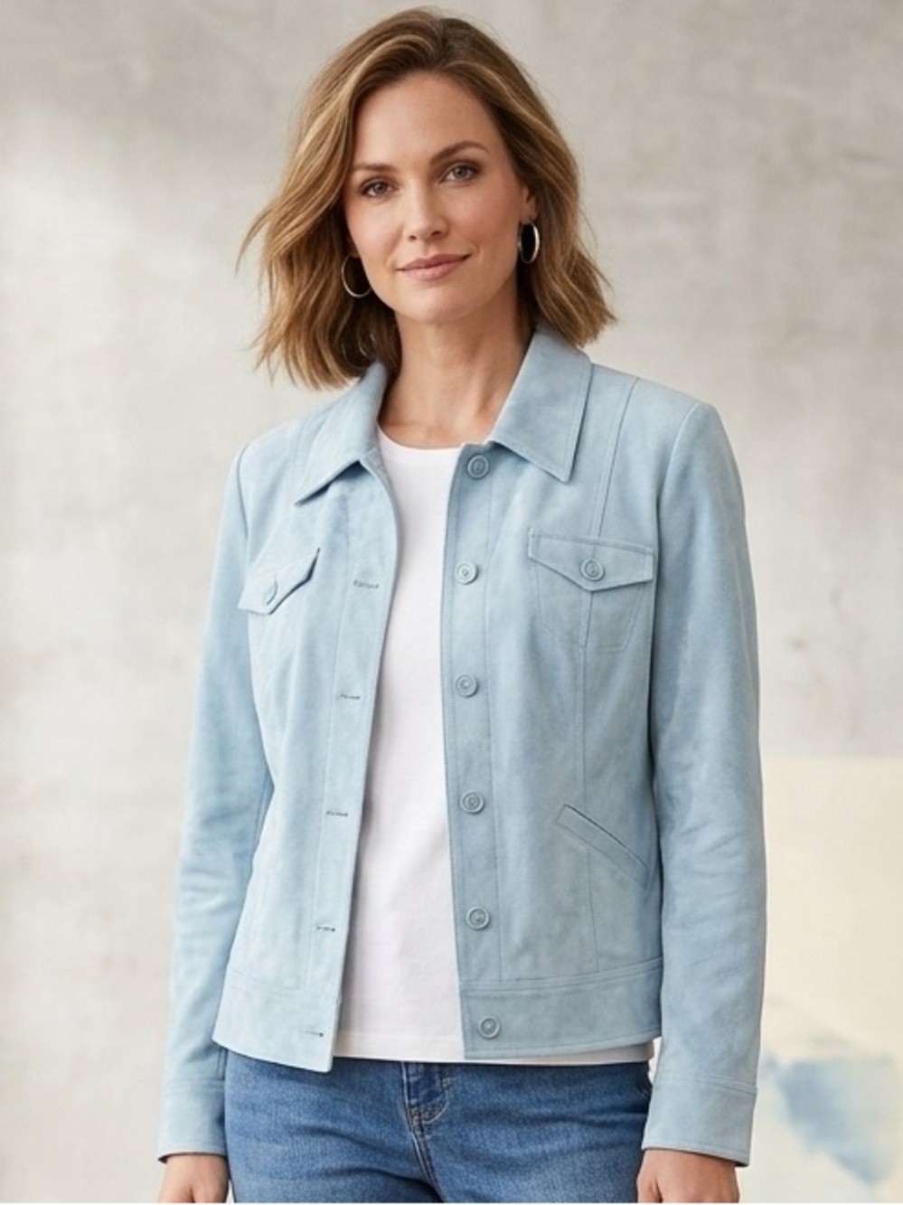 Tribal Pale Blue Suede Like Button-Front Jacket